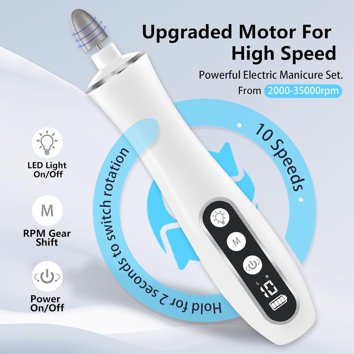 Electric Nail File Drill, Cordless 2000 mAh Rechargeable Nail Filer Electric, Portable Nail Dril 10 Speeds Professional Machine Drill for Nails Acrylic Manicure and Thick Toenails Grinder (White)