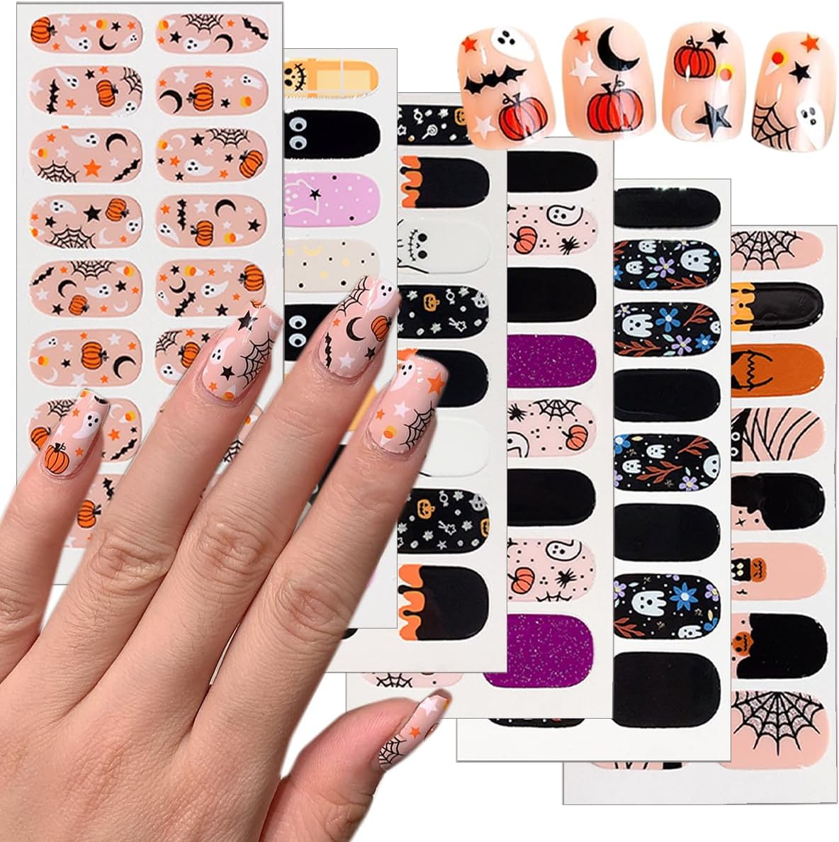 6 Sheets Halloween Nail Art Stickers Cute Cat Ghost Full Nail Wraps Stickers 3D Self-Adhesive Pumpkin Bat Spider Mummy Nails Polish Sticker Shiny Spider Web Gel Nails Strips Decals for Women