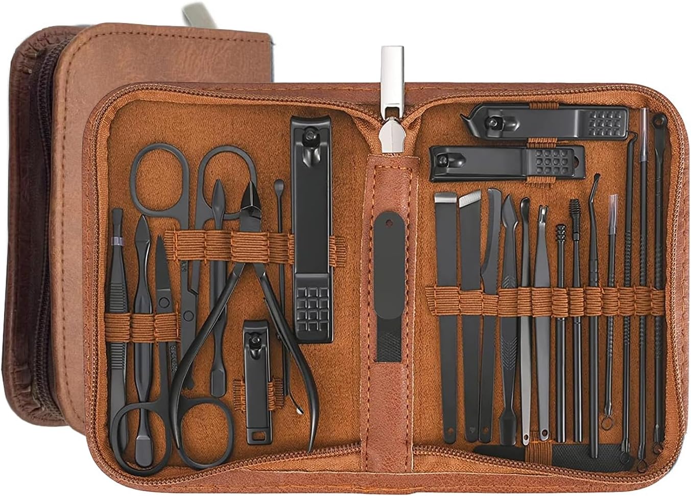 Manicure Set - Complete Stainless Steel Nail Clippers and Care Tools Set in Luxurious Leather Travel Case - Portable 26-Piece Travel Nail Kit (Brown)