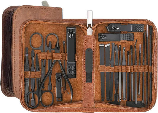 Manicure Set - Complete Stainless Steel Nail Clippers and Care Tools Set in Luxurious Leather Travel Case - Portable 26-Piece Travel Nail Kit (Brown)