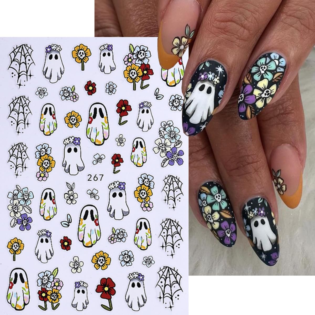 Halloween Nail Art Stickers Decals 3D Halloween Nail Stickers for Nail Art 6PCS Ghost Spiders Web Bat Pumpkin Black Cat Self-Adhesive Nail Art Design Manicure Sliders for Women DIY Nail Decorations