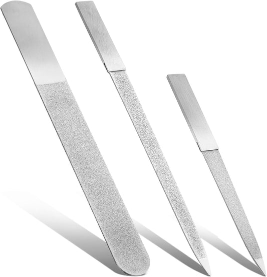 Diamond Nail File Set, 3Pcs Metal Nail File, Stainless Steel Double Side Fingernail Files, Toenails Fingernail Files Tools for Salon Home, Women Men (Silver)