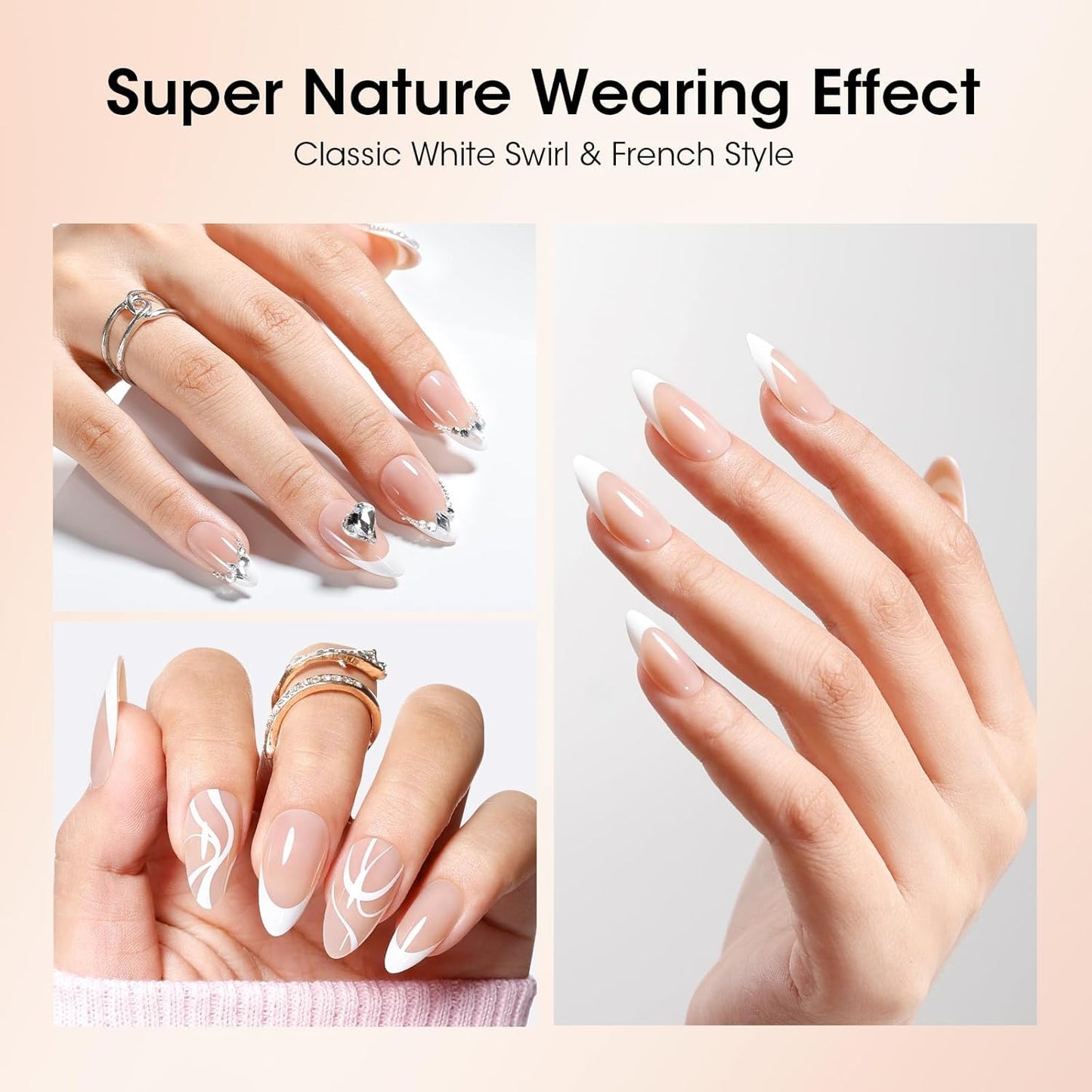 Gellen French Tip Press on Nails, 160 Pcs Soft Almond French Gel Nails with White Swirl Design, Classic Nude French Tip Nails
