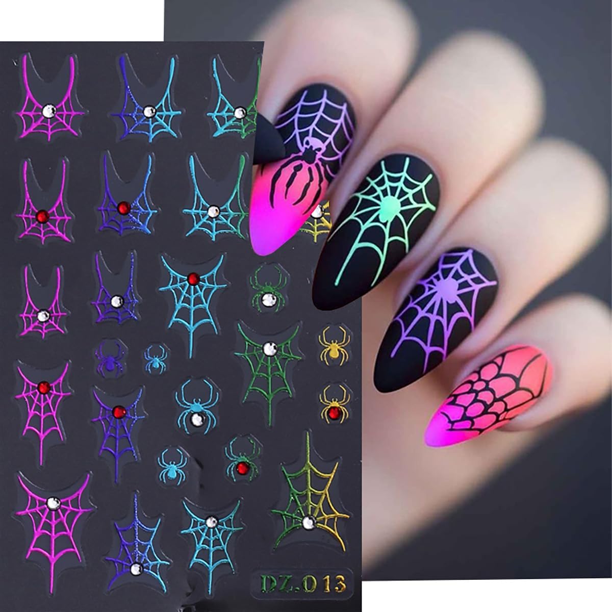 4 Sheets Spider Web Nail Stickers 3D Self-Adhesive Halloween Nail Art Stickers Laser White Silver Gold Spider Web with Rhinestones Horror Design Goth Nail Decals Nail Supplies for Women Acrylic Nail
