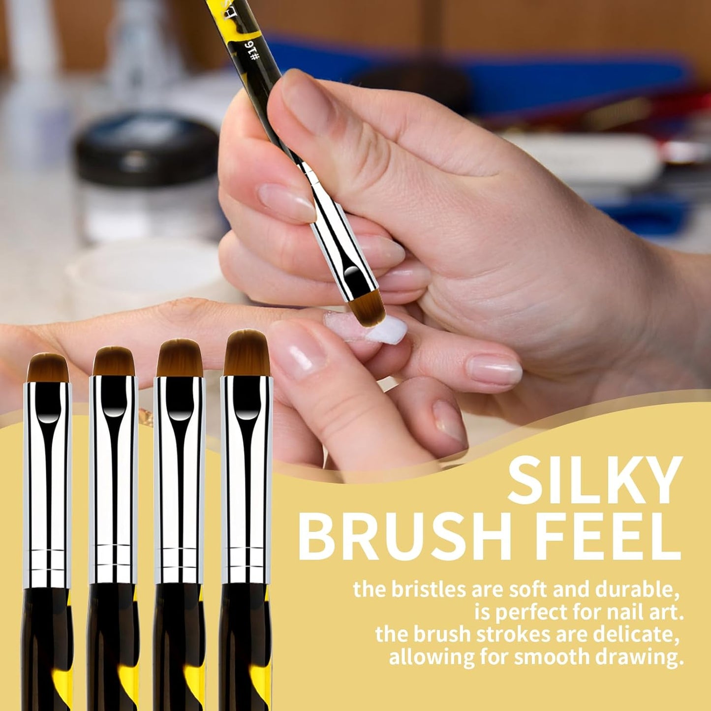 French Manicure Brush, Esclane 2 Way French Nail Brush with Dotting Tool for Manicure Cuticle Clean Up Nail Art Design, French Tip Brush (Yellow, #16)