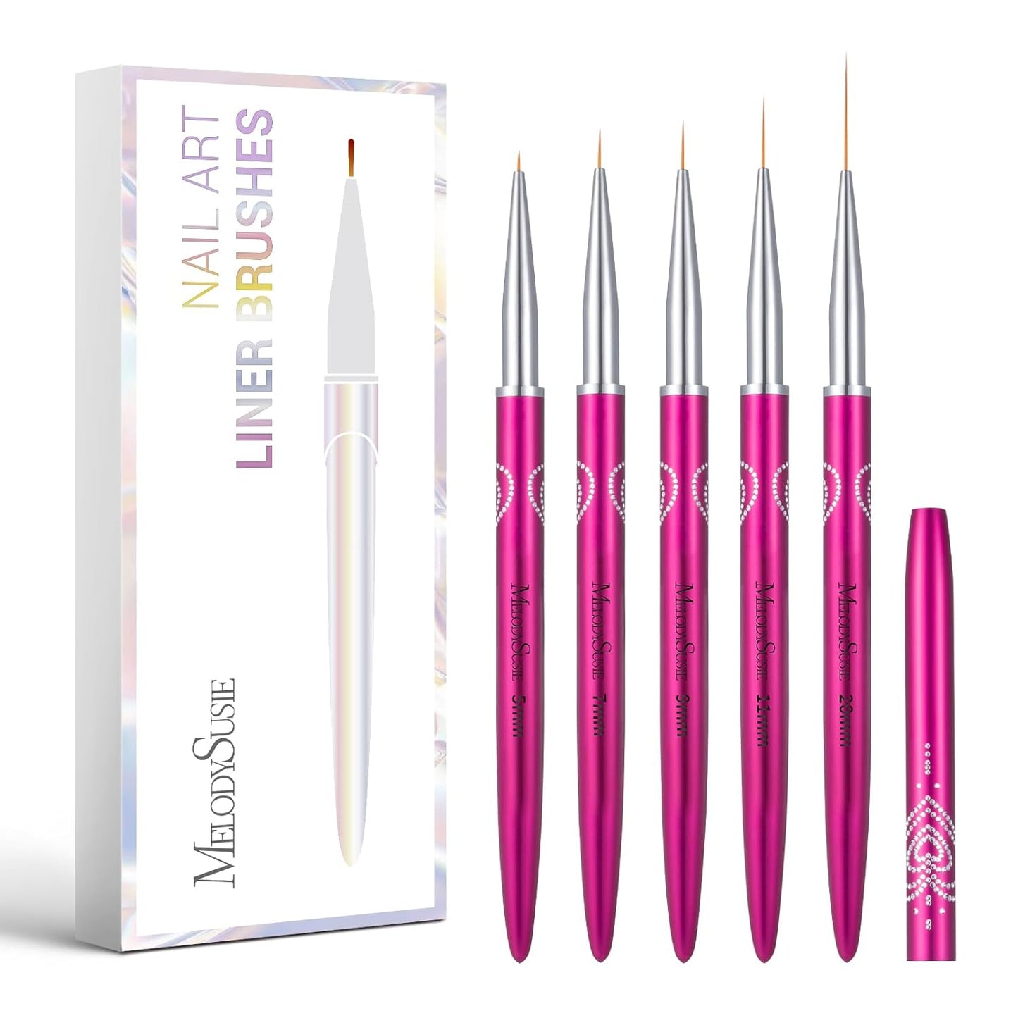 MelodySusie Nail Art Liner Brushes 5Pcs Professional Gel Polish Painting Art Design Pen Set for Thin Long Lines, Tiny Details, Fine Drawing, Delicate Coloring,Sizes 5/7/9/11/20mm
