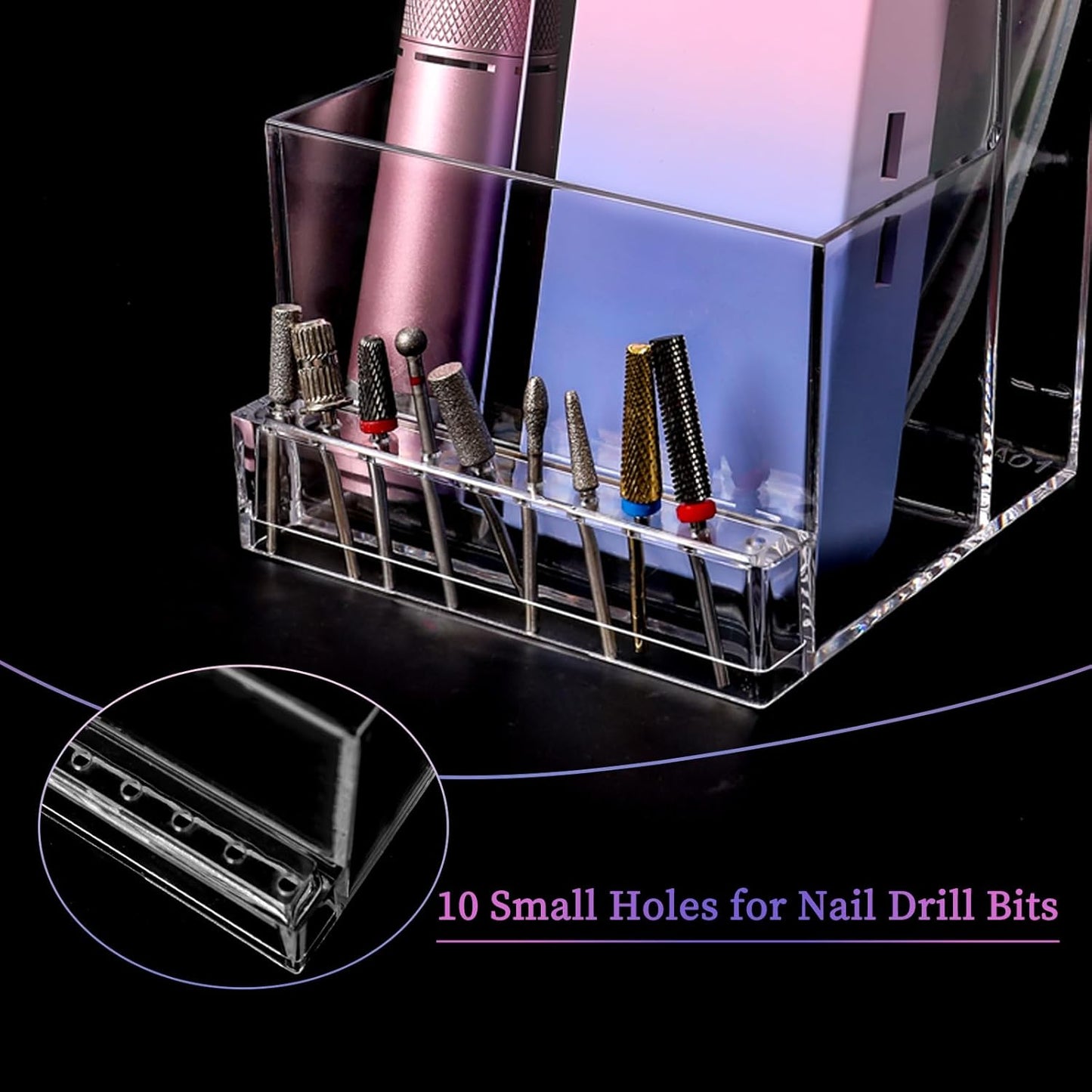 ANGNYA Nail Drill Bit Storage Box, Transparent 10-Hole Holder, Plastic Tool Organizer for Nail Tech Supplies