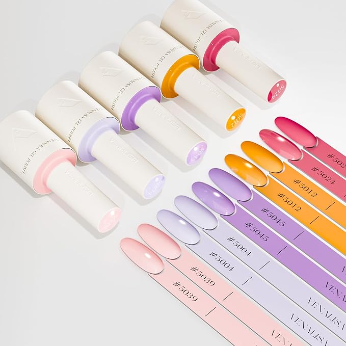 VENALISA 10 ML Gel Nail Polish Set with DIY Nail tips Kit, 5 Pcs Pink Purple Orange Gel Polish Color High Gloss Soak Off U V Nail Manicure Salon DIY