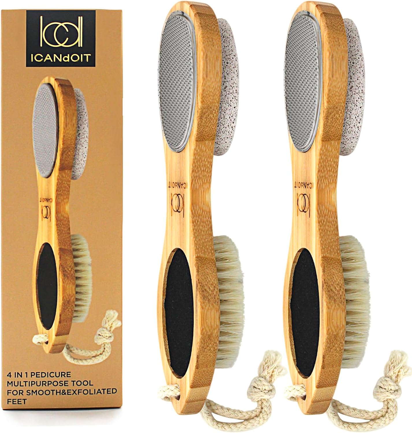 ICANdOIT-2 Packs Natural Bamboo Foot File Callus Remover-Multi Purpose 4 in 1 Feet Pedicure Kit with Boar Bristle Brush,Pumice Stone,Foot Rasp,Sand Paper