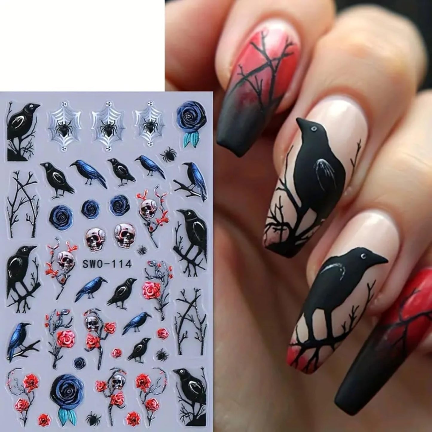 2 Sheets Halloween Nail Art Stickers 5D Embossed Black Bird Nail Decals Dark Skull Crow Dead Tree Nail Design Manicure Sliders Self-Adhesive Horror Halloween Nail Accessories for Women Nail Art