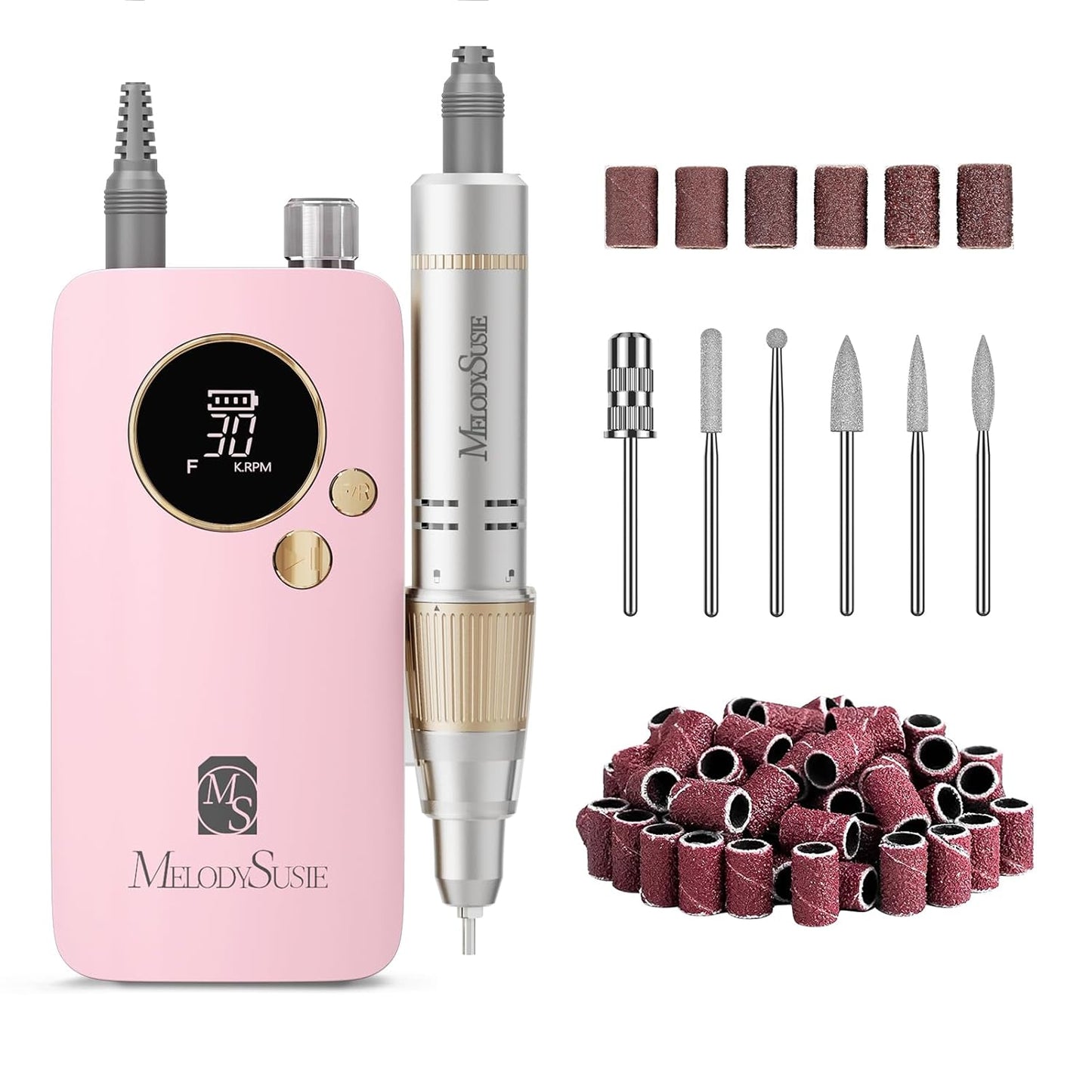 MelodySusie Portable Nail Drill 30000 RPM,Professional Rechargeable Electric Nail File,SC320F Cordless Nail E File for Acrylic Nails Gel Polishing Removing,Efile Nail Kit for Manicure Salon Home,Pink