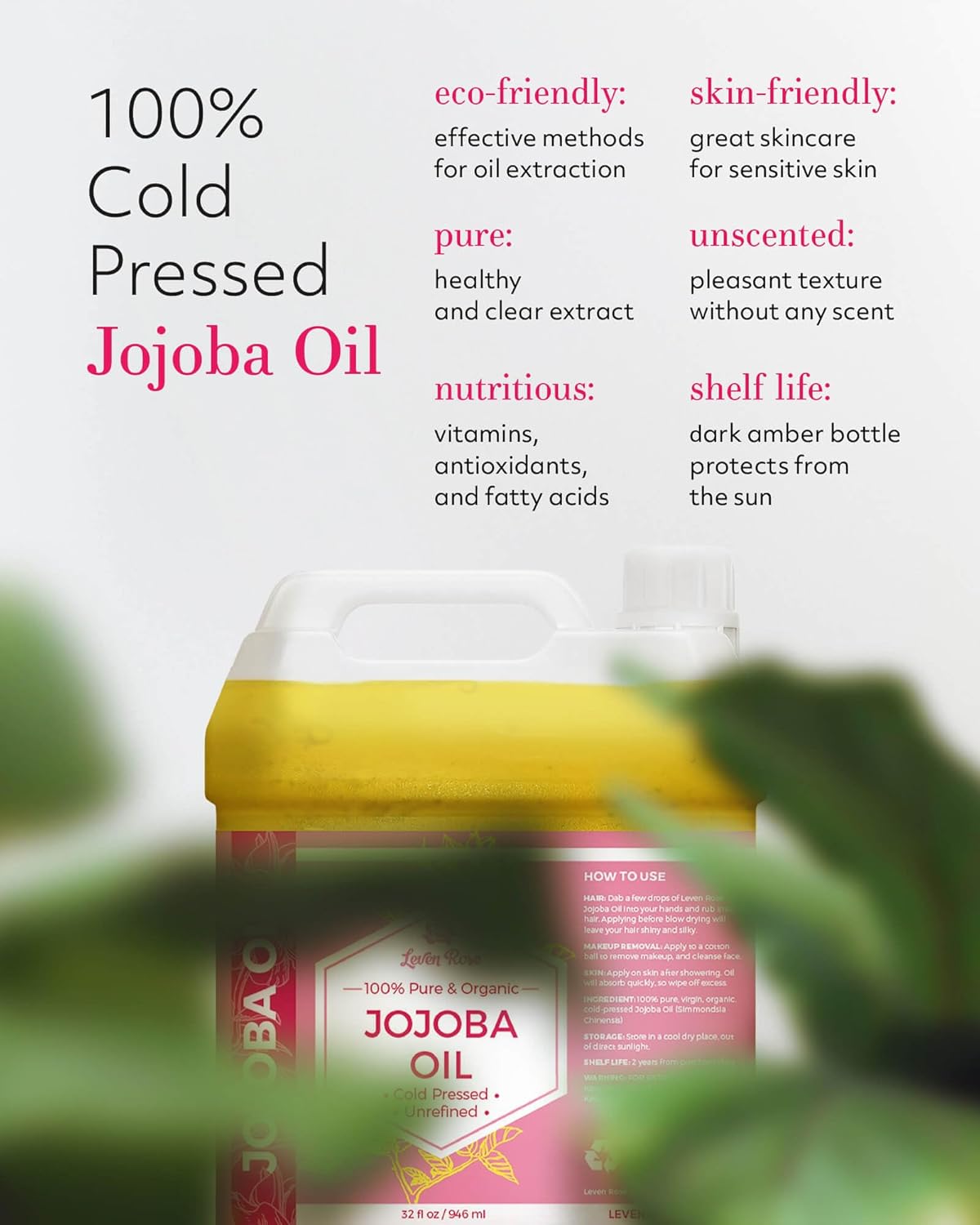 Leven Rose Jojoba Oil Bulk Wholesale Large 32 oz for Soap, Skin, Hair and Nails