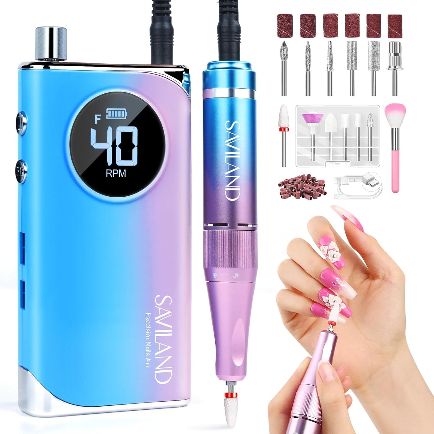 SAVILAND Electric Nail Drill 40000RPM Nail Drill Professional Machine with Nail Kit Portable Electric Nail File Electric for Nail Supplies Rechargeable Manicure Pedicure Salon Home