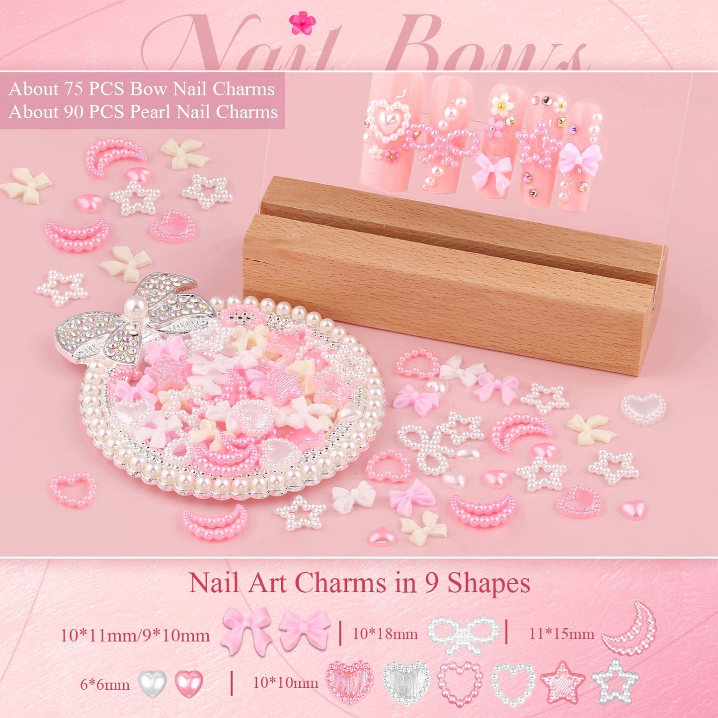 Chunky Nail Charms and Gems Set 3, Girly Coquette Nail Charms + Assorted Pearl Bows Heart Star Moon + Cute 3D Flowers for Nails + Flatback Rhinestones & Pearls with Tools for Kawaii Nail Design