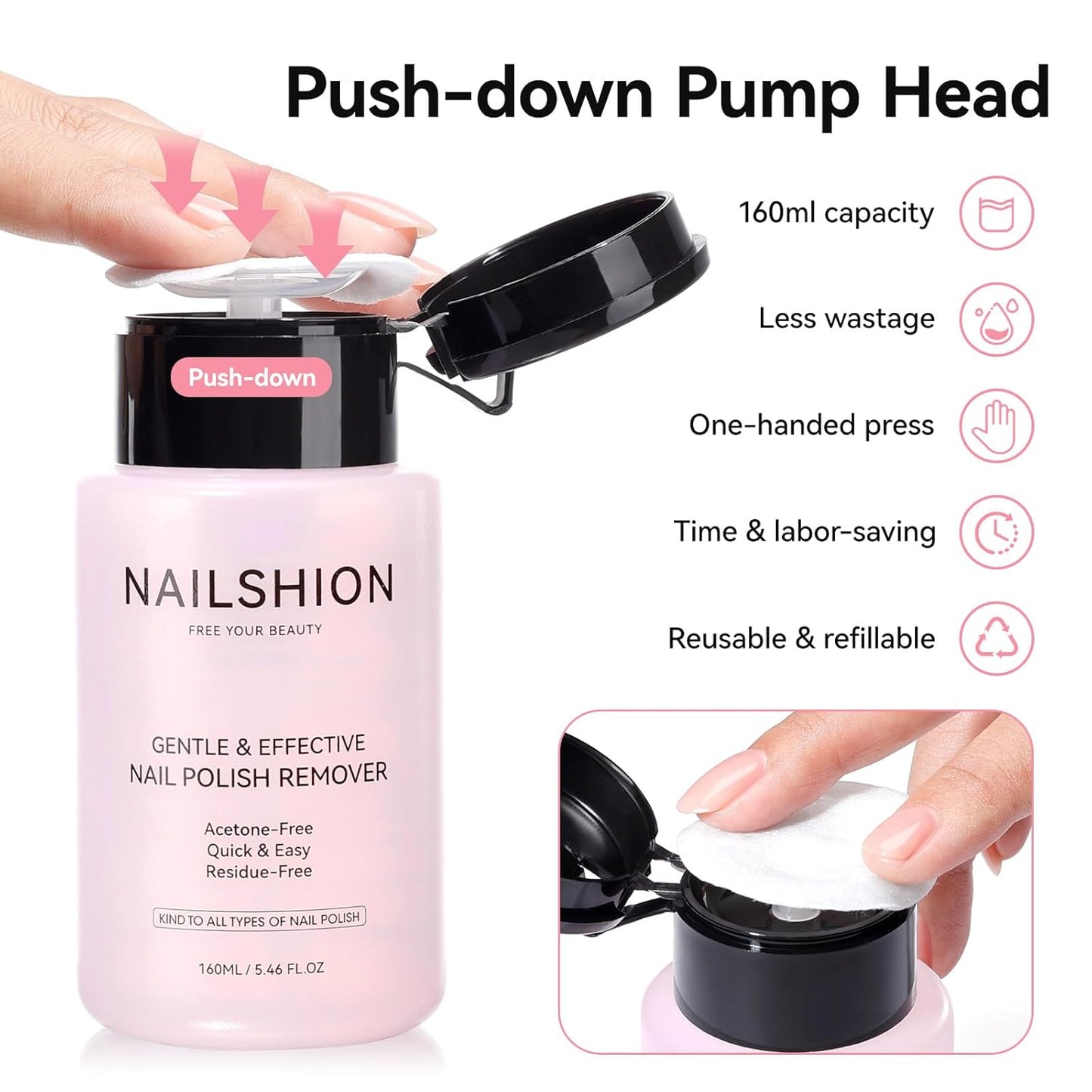 Non-acetone Nail Polish Remover, Cherry Blossom Scent, 3-5s Quick Remove Air Dry Nail Polish, VE Nourish No Drying Out, Refillable One-handed Pump Dispenser, 5.46 Fl oz
