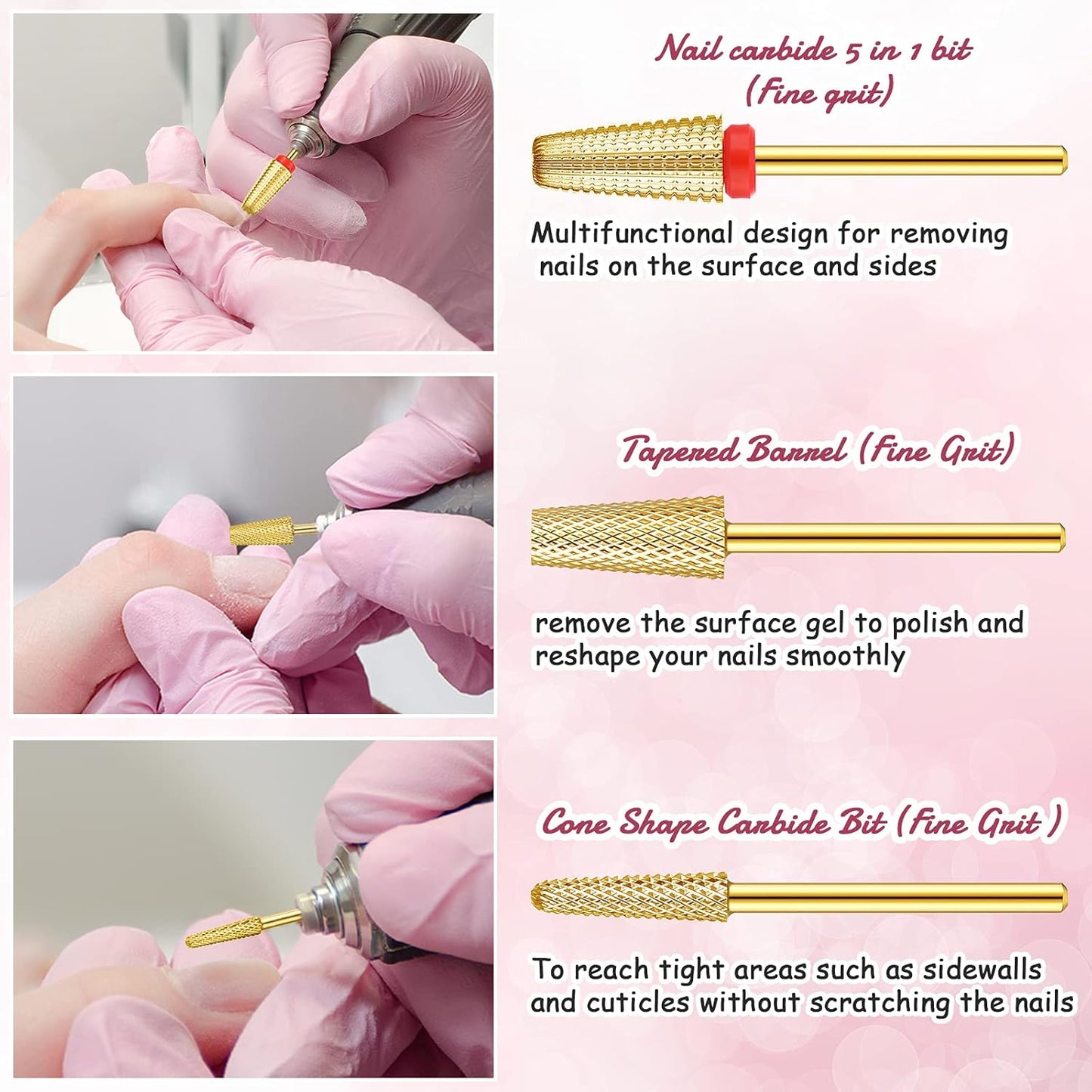 Outus 3 Pieces Nail Carbide 5 in 1 Tapered Barrel Carbide Nail Drill Bit Set, 3/32 Inches Cone Shape Bit for Acrylic or Gel Remover (Golden)