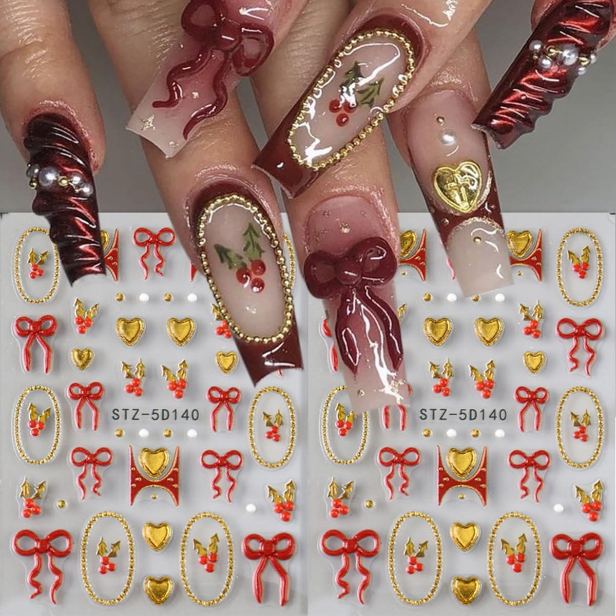 Christmas Nail Art Stickers Decals 5D Embossed Bow Nail Stickers 2PCS Red Gold Bow Heart Gold Circle Cherry Xmas Nails Design Self-Adhesive Nail Decals Manicure Supply for Women DIY Nail Art