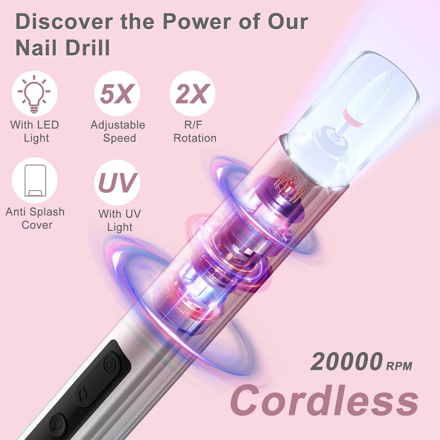Electric Cordless Nail Drill with UV & LED Lights - 12+ Bits Kit for Gel/Acrylic/Dip Nails, Rechargeable Portable Nail File, 5 Speeds, Salon & Home Use (Gradient)