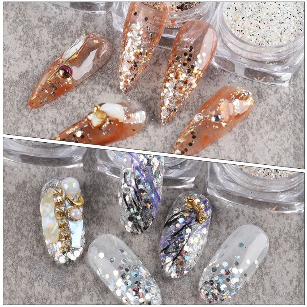 Holographic Nail Art Sequins Glitter Kits 6 Boxes 3D Nails Glitter Metallic Shining Flakes Acrylic Powder Dust Sequins for Nails Decoration Holographic Manicure Tips (Mixed Color - Fresh)