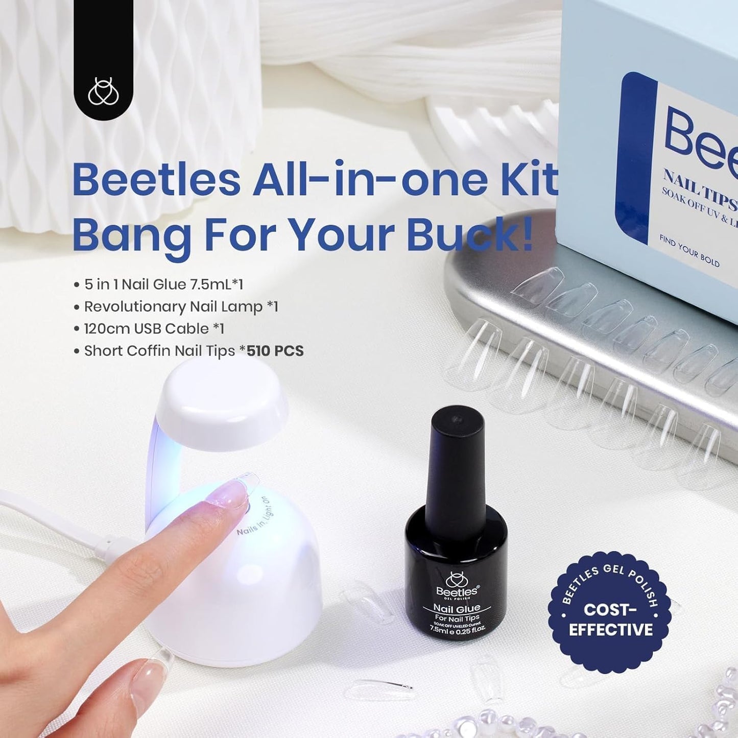 Beetles Gel Nail Tips 510Pcs 15 Sizes Short Coffin Acrylic Nail Kit Clear Nail Tips 5 in 1 Nail Glue Base Gel and Uv Led Lamp Easy DIY Press on Nails Extension Set for Women
