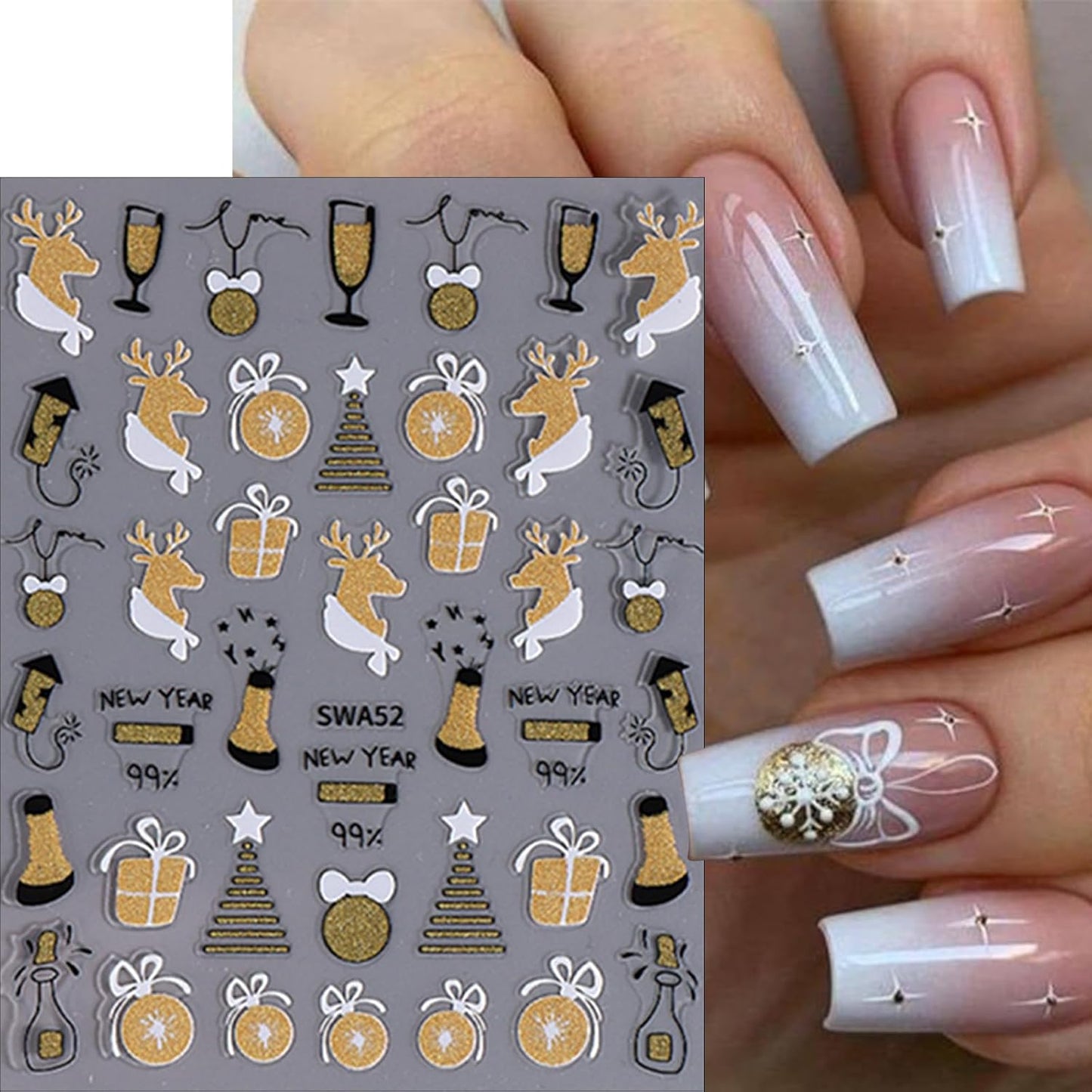 8 Sheets Cartoon Christmas Nail Art Stickers 3D Self-Adhesive Snowflake Snowman Nail Stickers Glitter Christmas Lamp Ball Nail Decals Acrylic Nail Supplies for Women Girls DIY Manicure Decoration