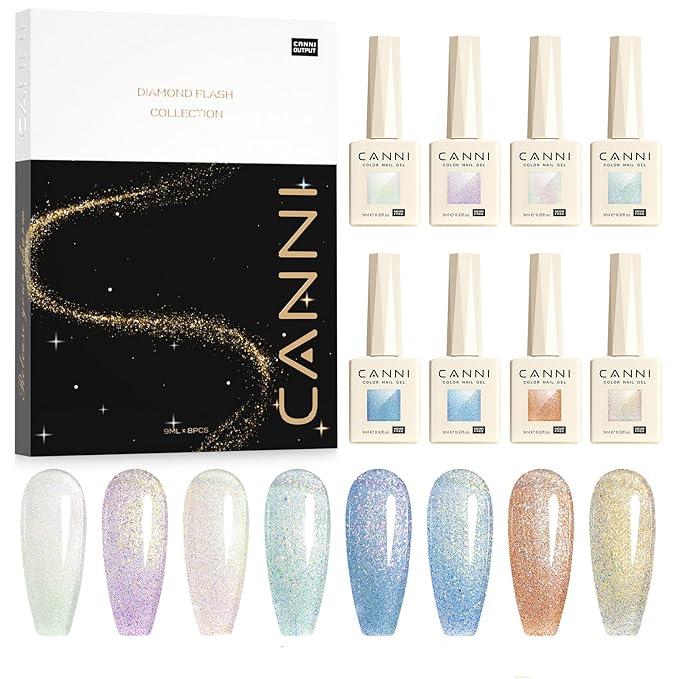 CANNI 8 Pcs 9 ML Glitter Gel Nail Polish Set, Shimmer Sparkly Gold Blue Yellow Purple Green Colors Gel Polish Kit Soak Off Led Manicure Salon DIY Gifts