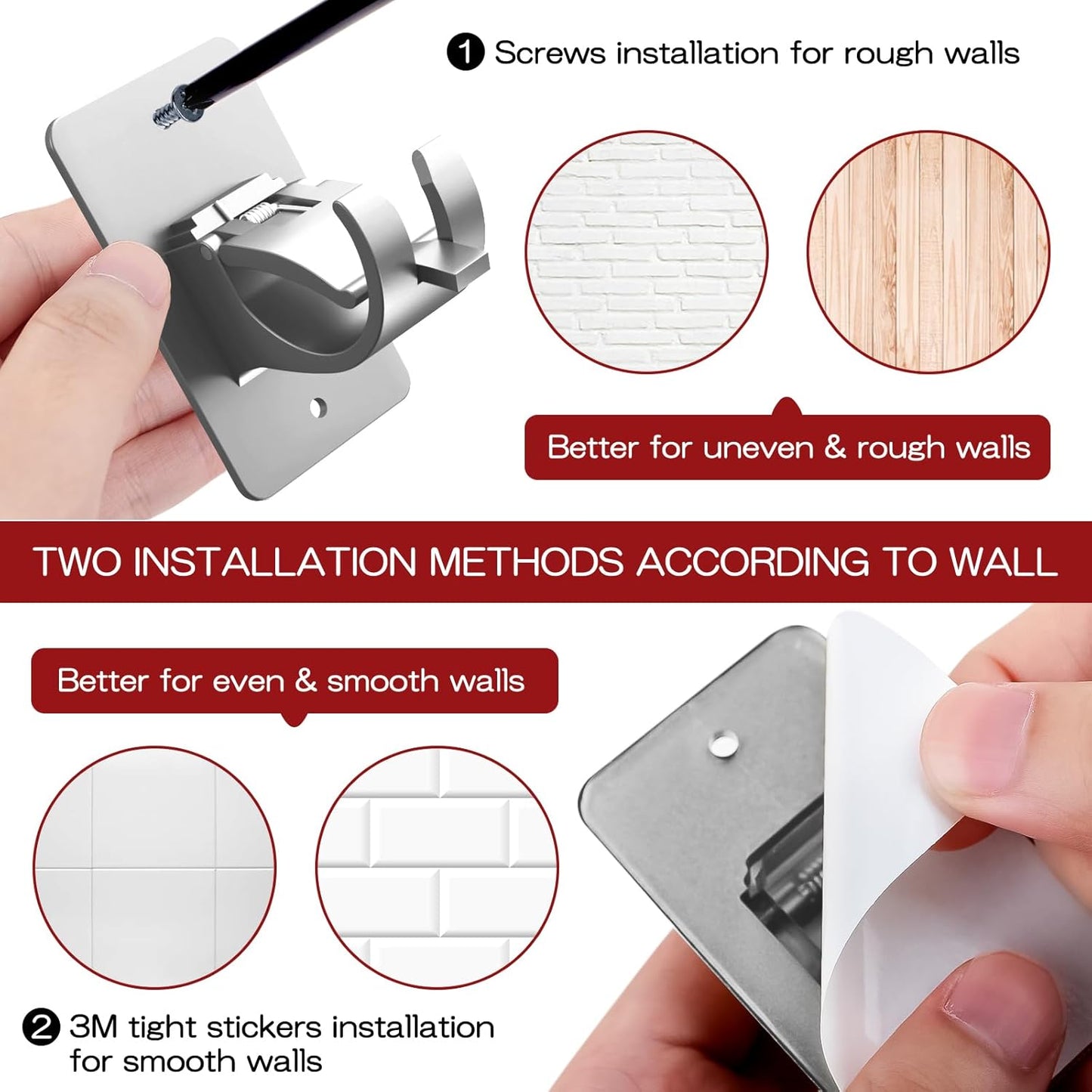 CIEMGNZOC 4PCS No Drill Curtain Brackets, Self-Adhesive Rods, Nail Free Adjustable Holders, Hooks for Rods Under 1.57 Inch (Silver)