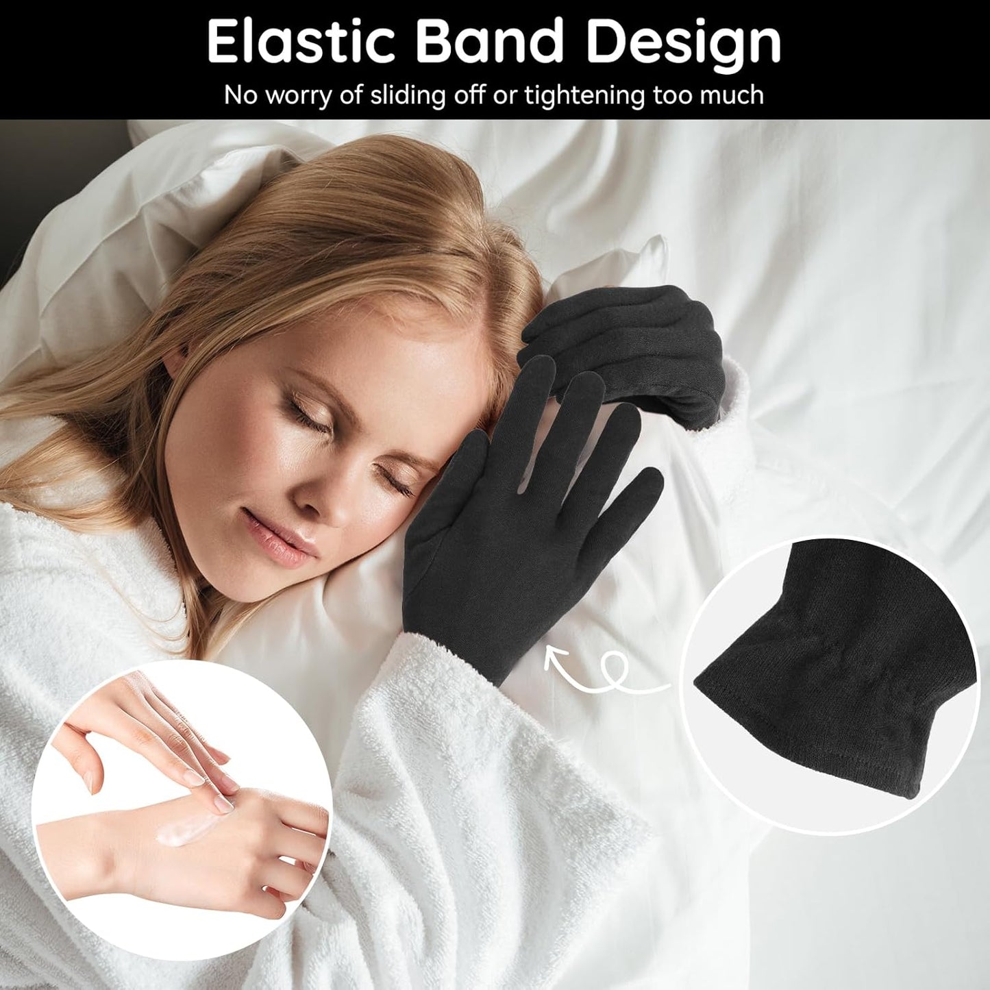 Segbeauty 12 Counts Elastic Hand Moisturizing Cotton Gloves Black for Dry Hands Overnight, 6 Pairs Lotion Sleep Gloves Cotton Glove Liners with Elastic Band, Driving Working Sleeping Glove At Home Spa