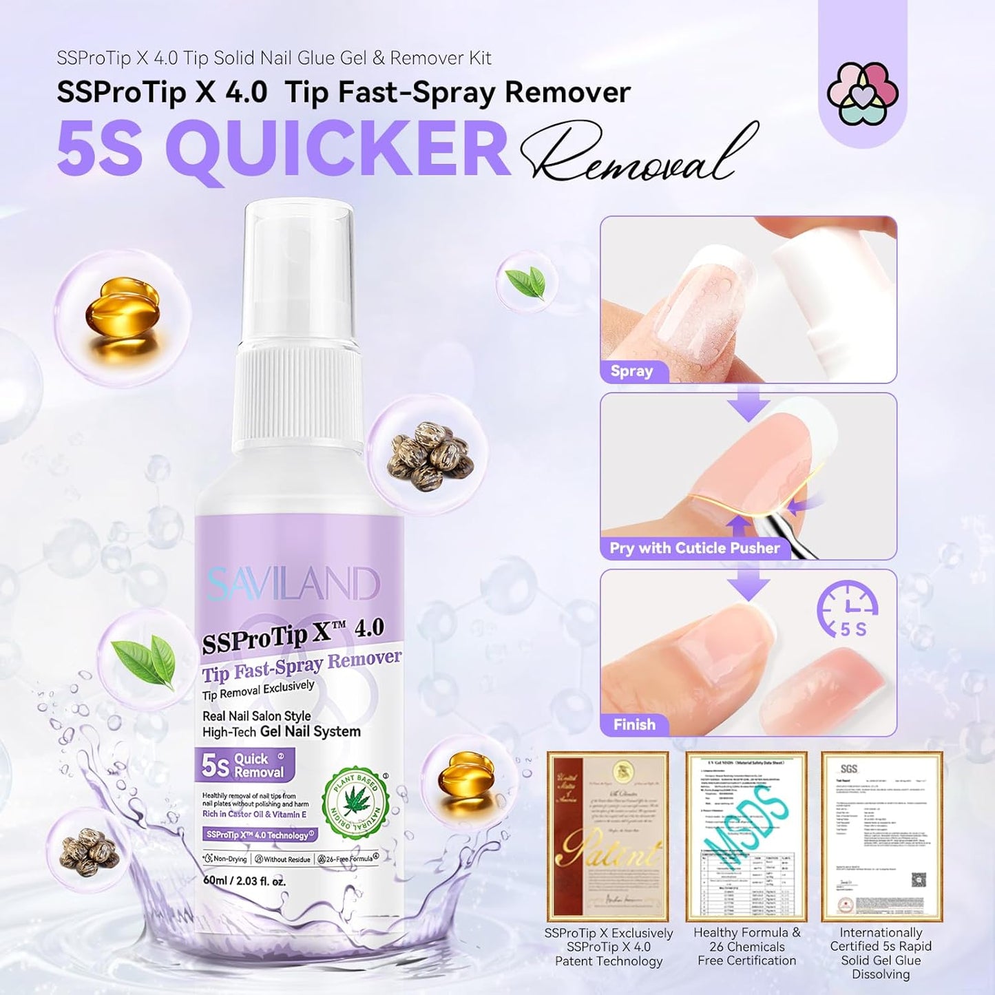SAVILAND Nail Glue Gel & Nail Glue Remover: Quick Press on Nail Remover 30 g U V Nail Glue Solid Hard Gel for Nails with Cuticle Pusher and Manicure Tools Long Lasting Castor Oil VE Supplies Tech
