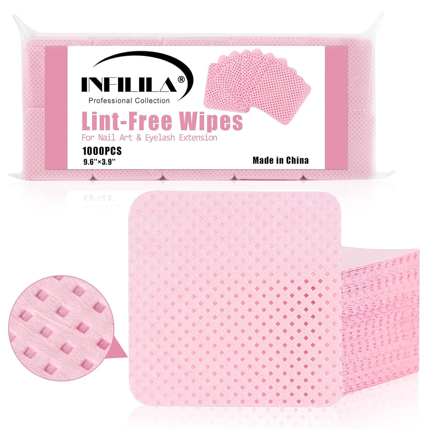 NXJ INFILILA Lint Free Nail Wipes, 1000PCS Non-Woven Fabric Dry Nail Prep Wipes, Absorbent Acetone Nail Polish Remover Lash Extensions Glue Nail Cleaning Pads for Salon Supplies (Pink)