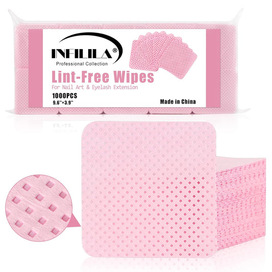 NXJ INFILILA Lint Free Nail Wipes, 1000PCS Non-Woven Fabric Dry Nail Prep Wipes, Absorbent Acetone Nail Polish Remover Lash Extensions Glue Nail Cleaning Pads for Salon Supplies (Pink)