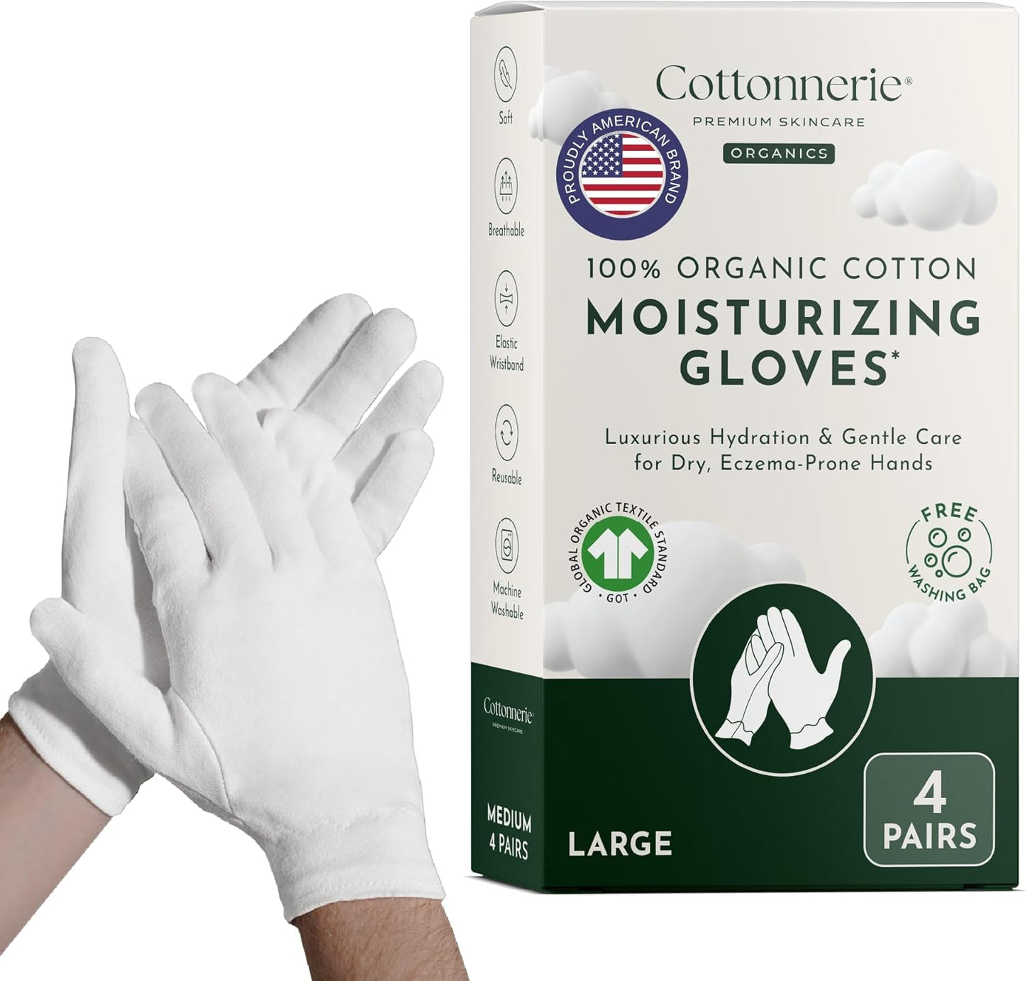 4 Pairs Cottonnerie Organic Cotton Gloves for Dry Hands Sleeping, Moisturizing Gloves Overnight, Hand Moisturizer Gloves, Moisture Gloves for Dry Hands Overnight, Sleeping Gloves, Large