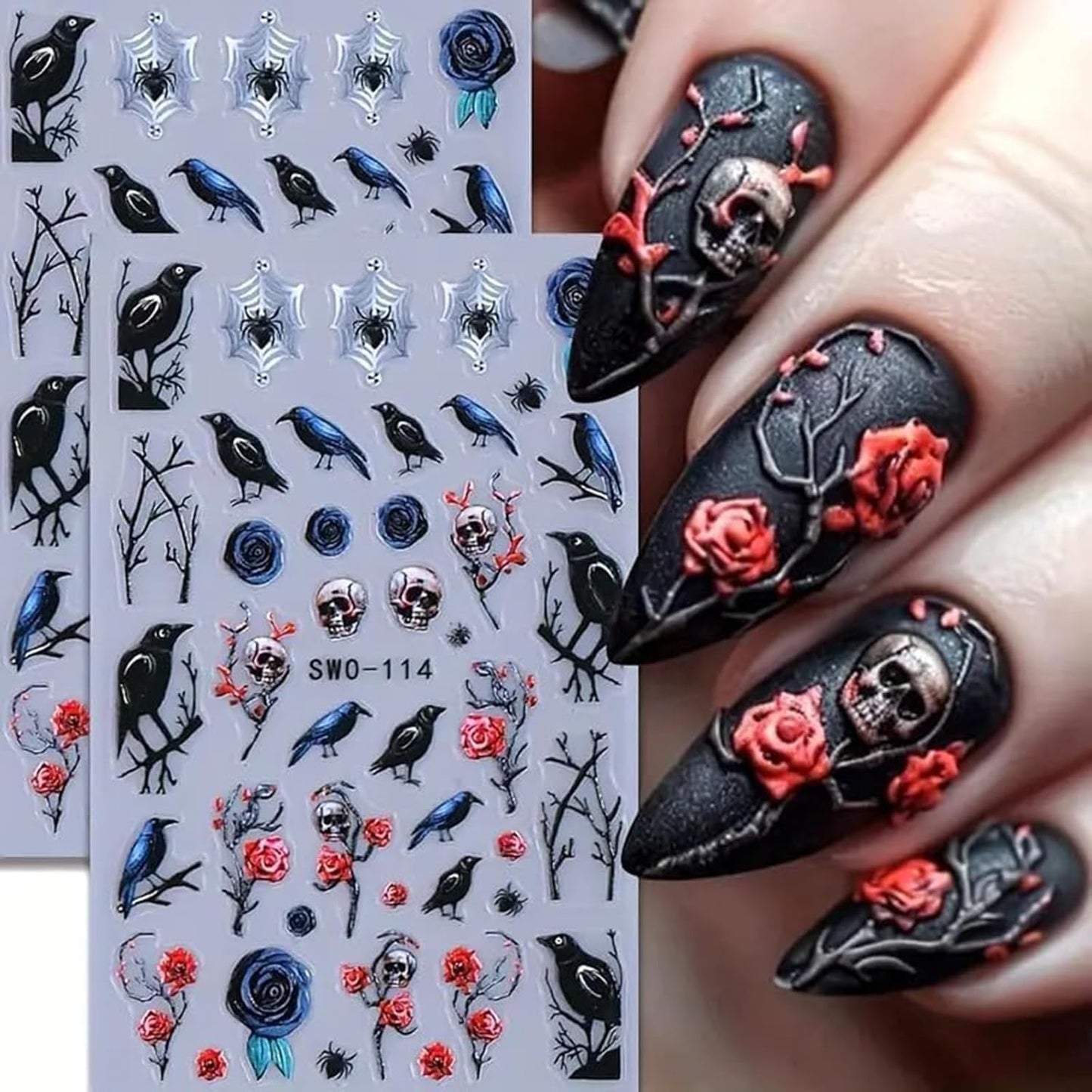 2 Sheets Halloween Nail Art Stickers 5D Embossed Black Bird Nail Decals Dark Skull Crow Dead Tree Nail Design Manicure Sliders Self-Adhesive Horror Halloween Nail Accessories for Women Nail Art