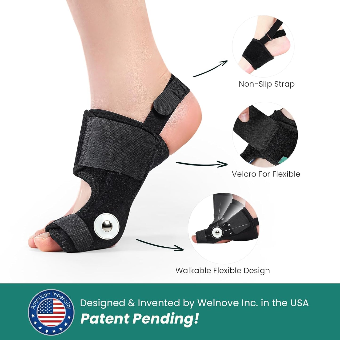 Welnove Bunion Corrector - Orthopedic Bunion Splint - Big Toe Separator Pain Relief for Women & Men - Bunion Correction Toe Straightener with Non-slip Strap, Day Night Support (Black, 2 Count)