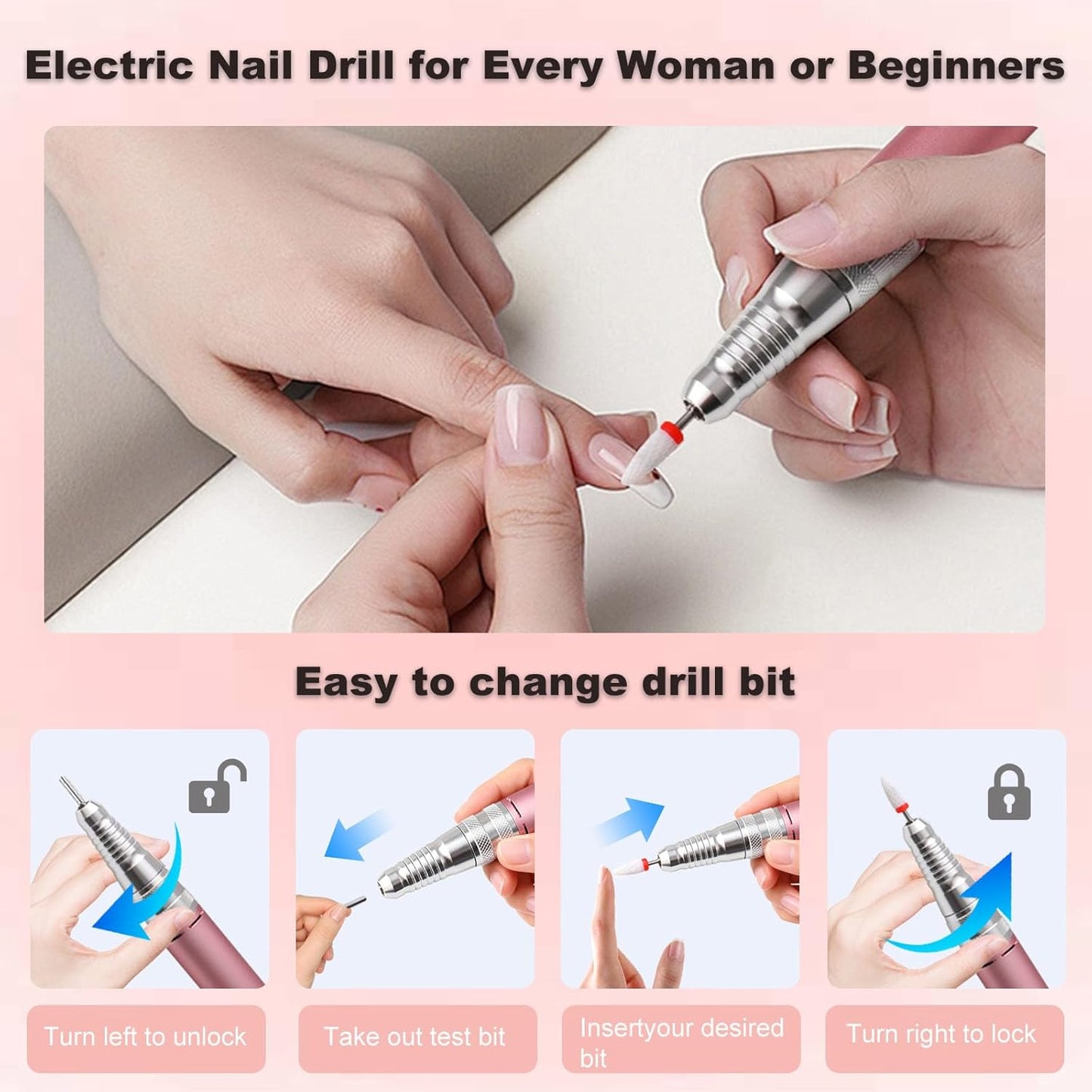 Electric Nail Drill File: Professional 40000RPM Nail E-File Drill, Rechargeable Cordless Nail Drill with Bits & Base for Acrylic Nails Remove Nail Gel Polish Manicure for Home Salon Use (Blue)