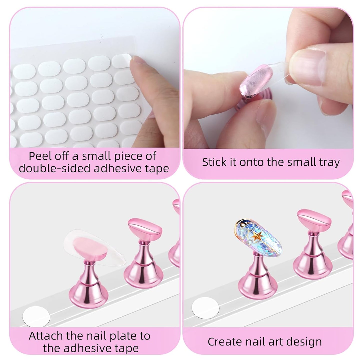 2 Set Nail Stand,Nail Holder Stand with 100 Pcs Double Sided Tape,Press on Nail Stand,Nail Practice Hand,Nail Holder for Painting Nails,for Nail Art Display,Home DIY Beginner Salon Supplies(Pink)