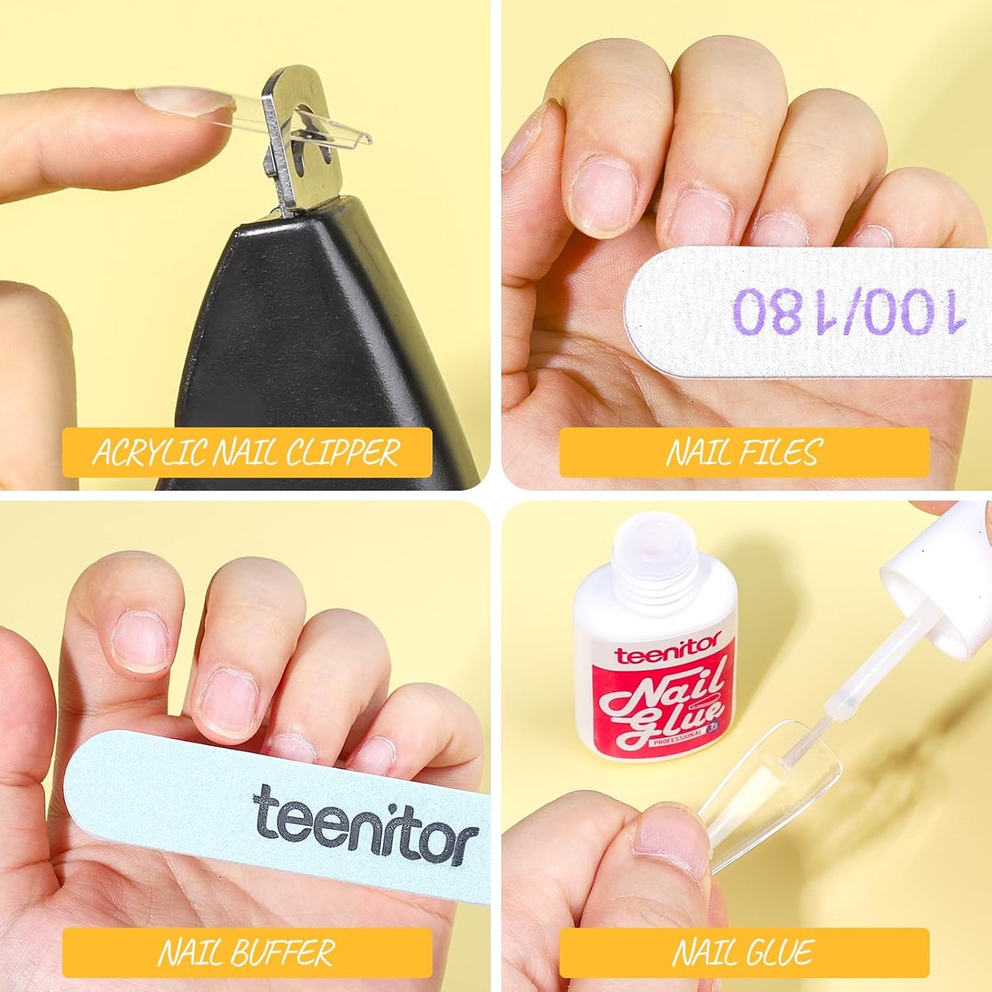 Teenitor Press On Nail Kit - Clear Coffin Nail Tips, Art Brushes, Dotting Pen, Glitter, Stickers & Rhinestones