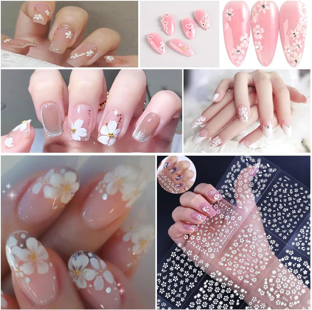 Flowers Nail Art Stickers 3D Self Adhesive Nail Art Supplies White Flower Stickers with Rhinestones Nail Design Floral Blossom Nail Decals for Nails Decorations Manicure Accessories 30Sheets