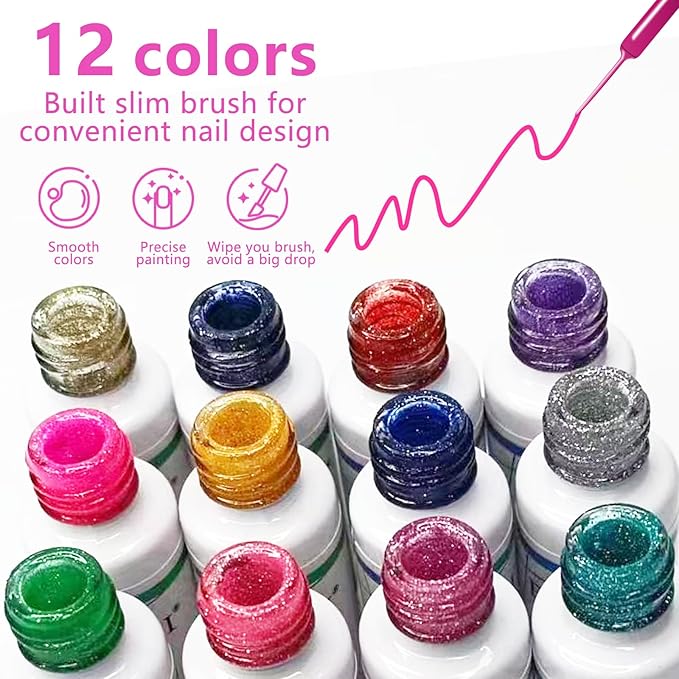 Reflective Glitter Nail Art Gel Liner Set, 12 Colors Shiny Pink Purple Yellow Green Glitter Gel Polish for Swirl French Tip Painting Designs Soak Off Built Thin Brush DIY Nail Starter Kit