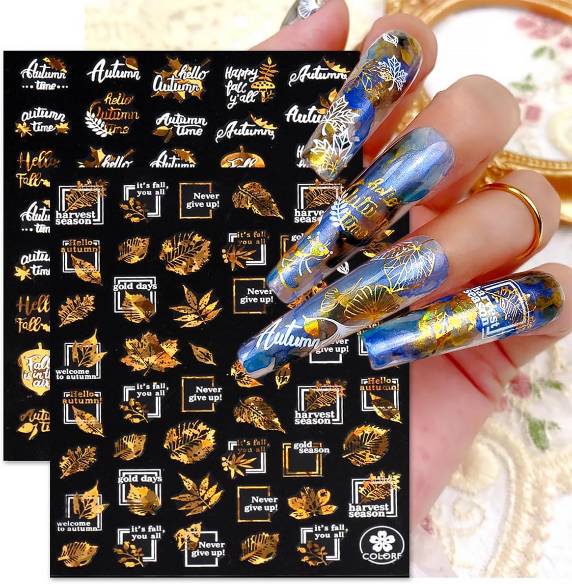 9 Sheets Fall Nail Art Stickers Maple Leaf Nail Decals Flower Tree Nail Design Decals 3D Self-Adhesive Glitter Gold Nail Stickers Thanksgiving Holiday Nail Art Decoration for Women Manicure Tips