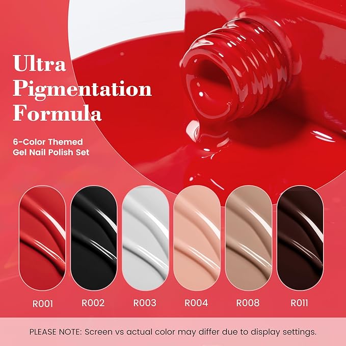 18ML Gel Nail Polish Set, 6 HEMA-Free Gel Polish Colors Balck White Red Nude Pink Dark Brown All Season Nail Polish Kit Soak off Uv Nail Art Gel Design for Women Girl Gift Salon DIY