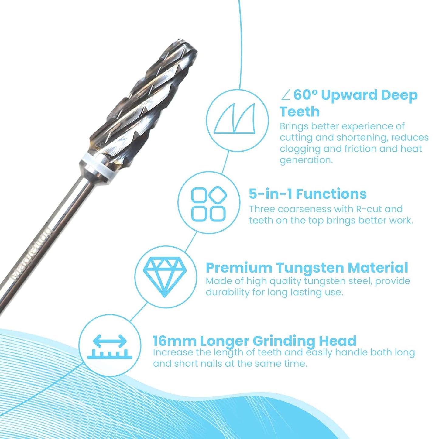 Super Cut 5 In 1 Nail Drill Bits, Tapered Barrel 3/32'' Safety Tungsten Bits, Upward Cut for Hard Gel Removal, Right Hand Use, Manicure Cuticle Gel Polishing, Technicians Bits, Quadruple Coarse.