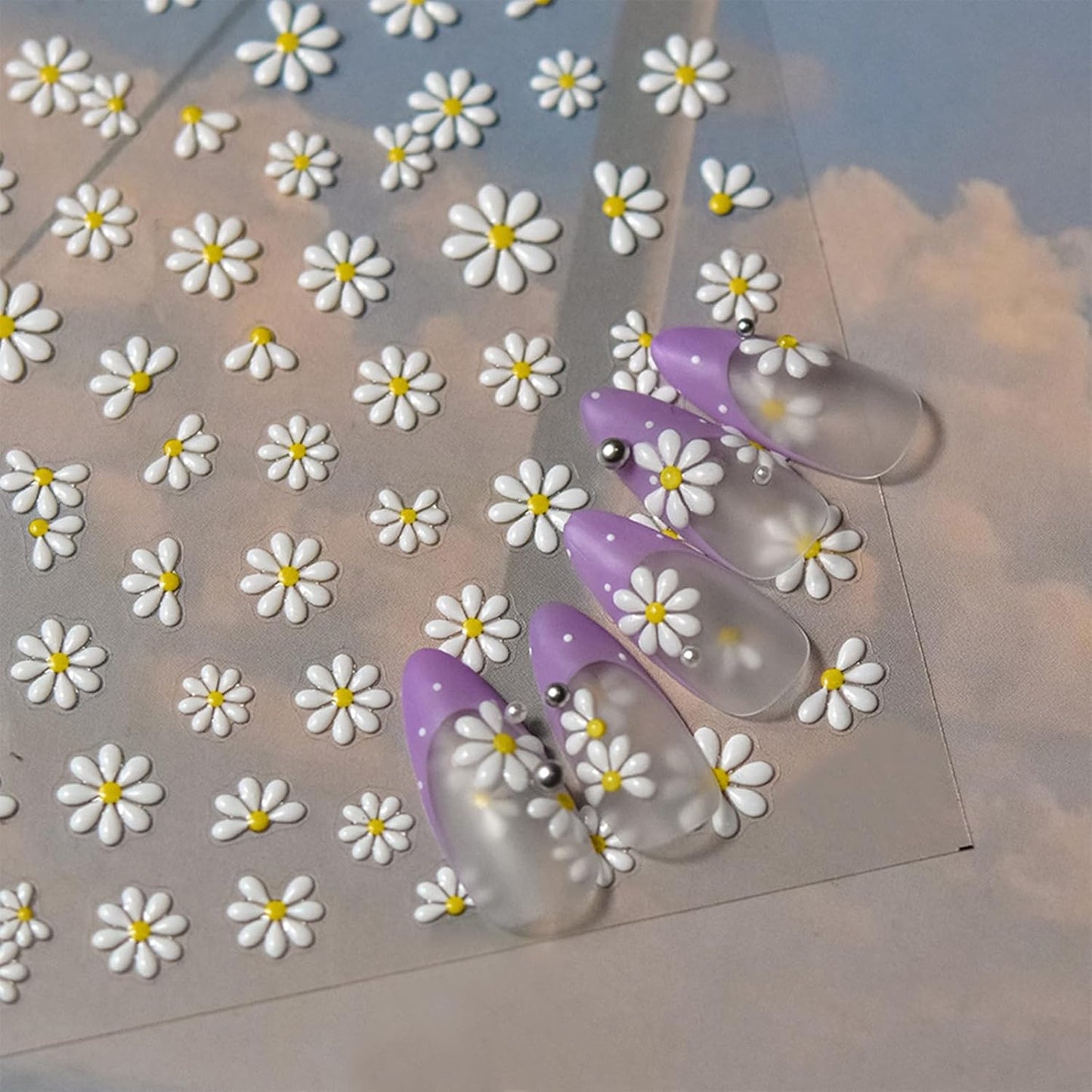 Flower Nail Stickers Self-Adhesive 5D Embossed Jelly Sliders Floral Petals Nail Art Stickers Decals Spring Summer White Daisy Floral Nail Design Stickers for Women Girls Manicure Decoration 1 Sheet