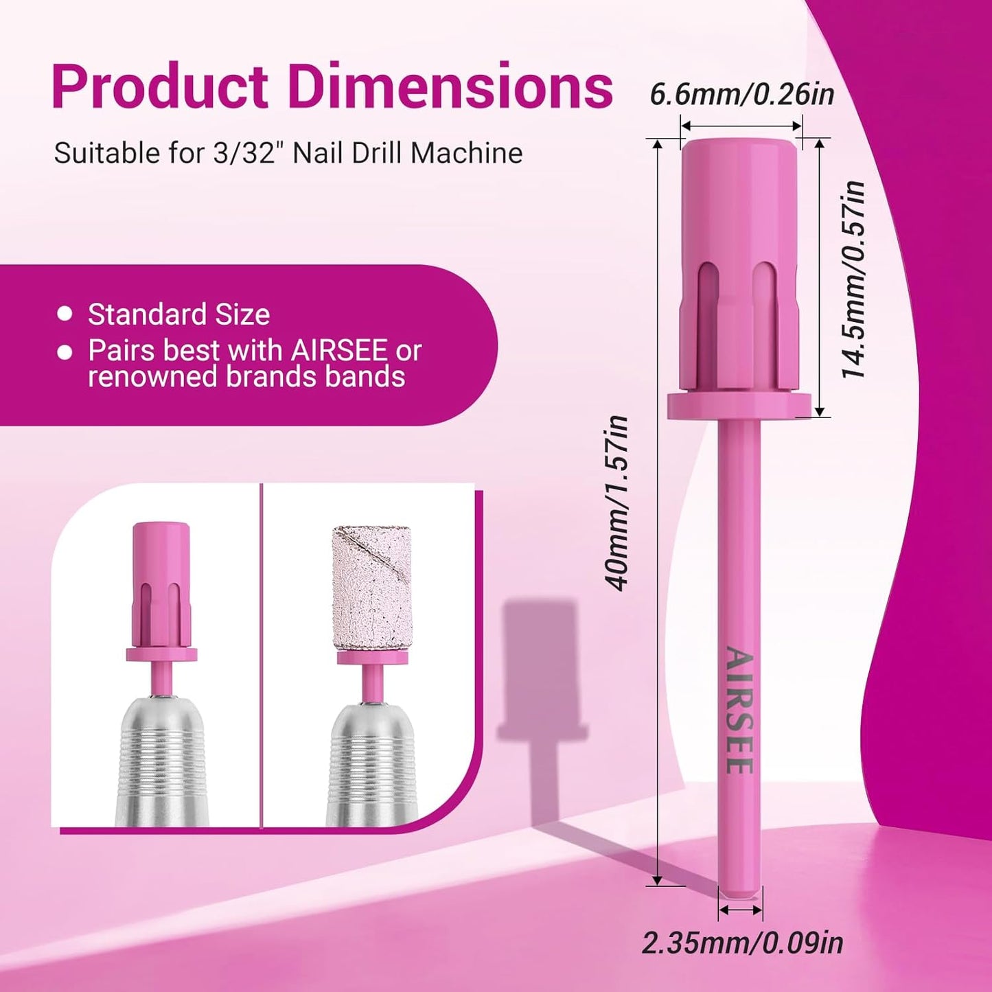 AIRSEE Nail Drill Mandrel Bit for Efile Sanding Bands, Stainless Steel Professional Electric File Head for Clean Cuticle Removing, Acrylic Tip Dead Skin Sander Remover Manicure Safety (Rose Pink)