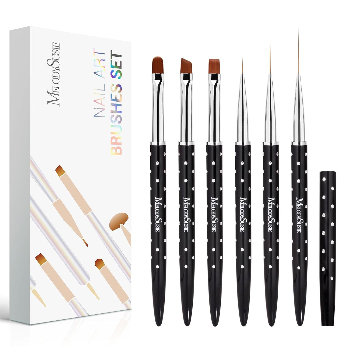 MelodySusie 6pcs Nail Art Brushes Set, Professional Pen Nail Gel Brush, Nail Extension and Builder Brush, Liner Brush 3 Sizes, Fashion Design for Home DIY Salon Use, Black