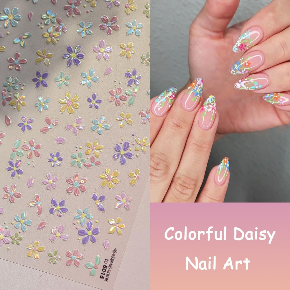 1 Sheet Colorful Flower Nail Stickers, 5D Embossed Self-Adhesive Nail Decals, Summer Glossy Floral Nail Design Stickers for Women DIY Spring Floral Manicure Decoration Supplies