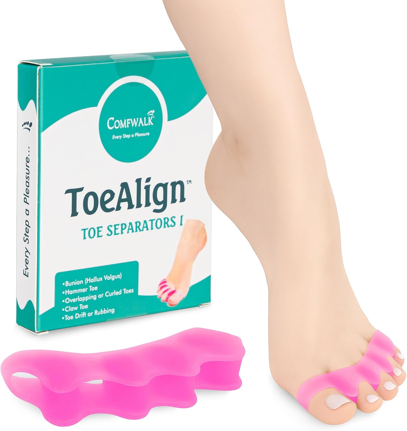 Comfwalk® ToeAlign™ – Toe Separators for Men & Women – Toe Straightener Stretcher – Corrects Bunions, Overlapping Toes, Hammer Toes, Claw Toes – Soft Medical-Grade Silicone Toe Spacers (Pink)