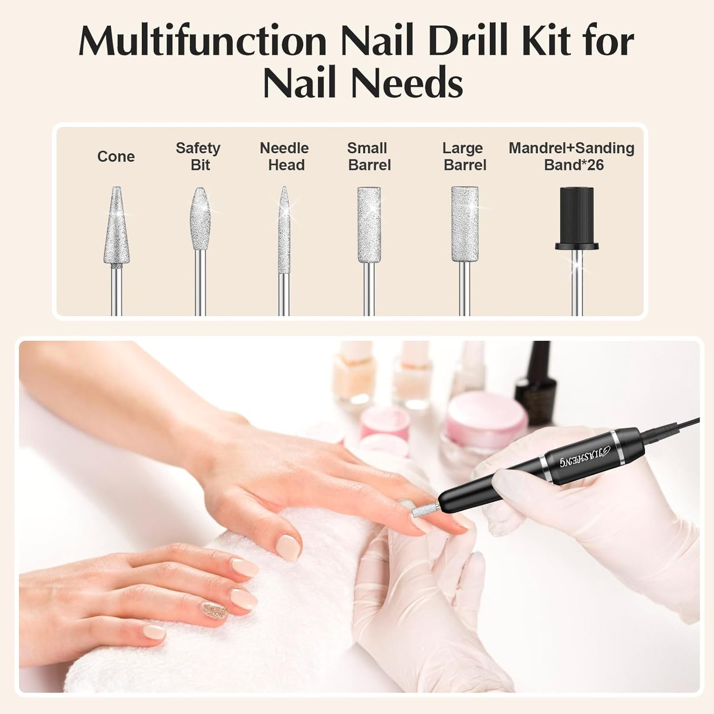 JIASHENG USB Electric Nail Drill, Portable File for Acrylic Gel Nails, Professional Manicure and Pedicure Kit With Drill Bits for Home and Salon Use, Black