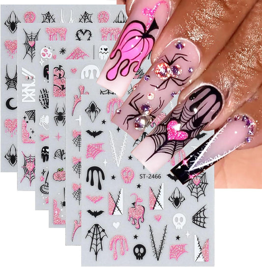 6 Sheets Pink Glitter Halloween Nail Stickers for Nail Art 3D Self-Adhesive Spider Web Nail Stickers with Ghost Bat Blood Drop Skull Cute Halloween Designs Goth Nail Decals for Women Acrylic Nails
