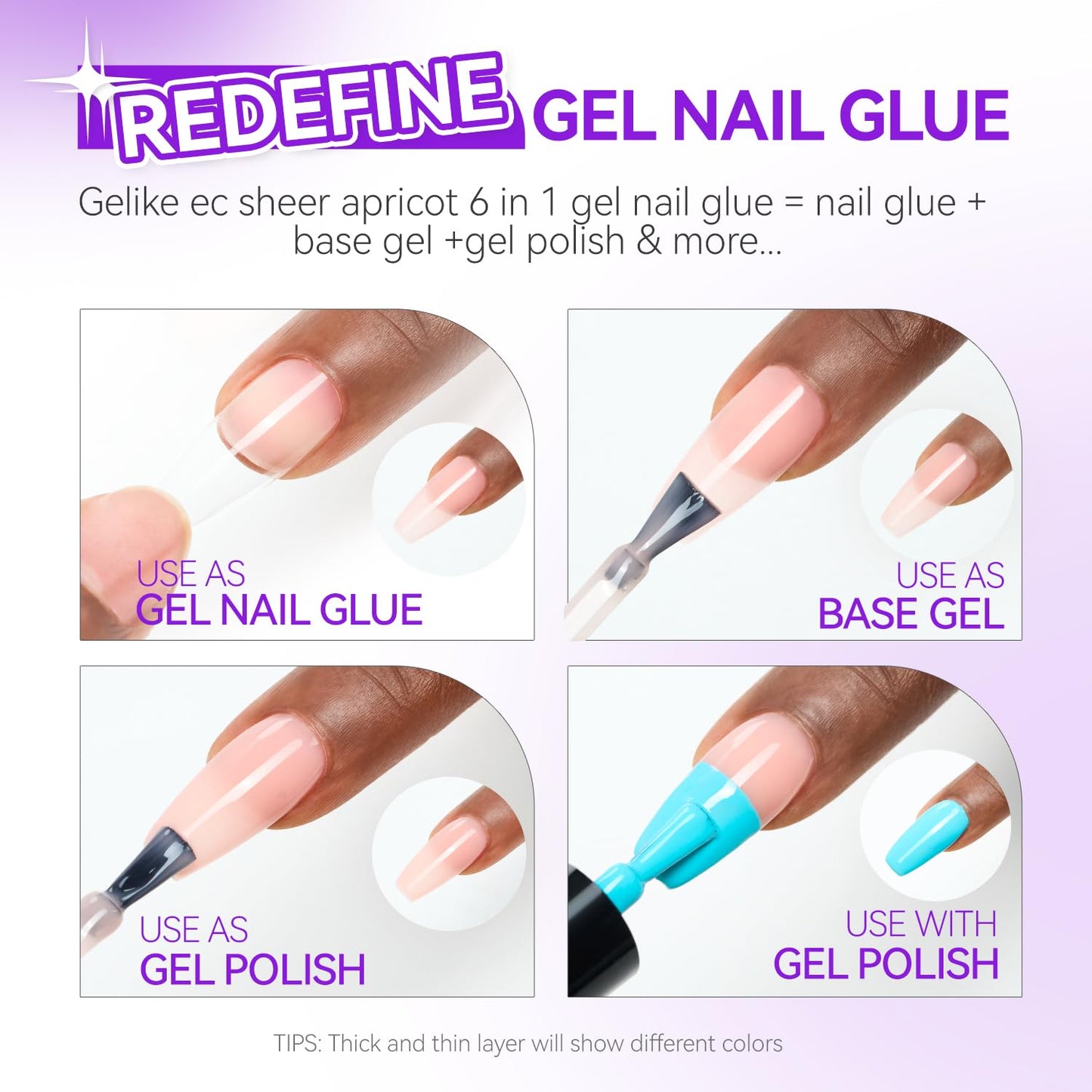 Gelike EC Gel Nail Glue UV Light: Nude 6 in 1 Adhesive Gel Nail Polish, Strong Nail Glue for Press On Nails Nails Acrylic Tips, Long Last - Nail Art Gift for Home Salon Beginner DIY